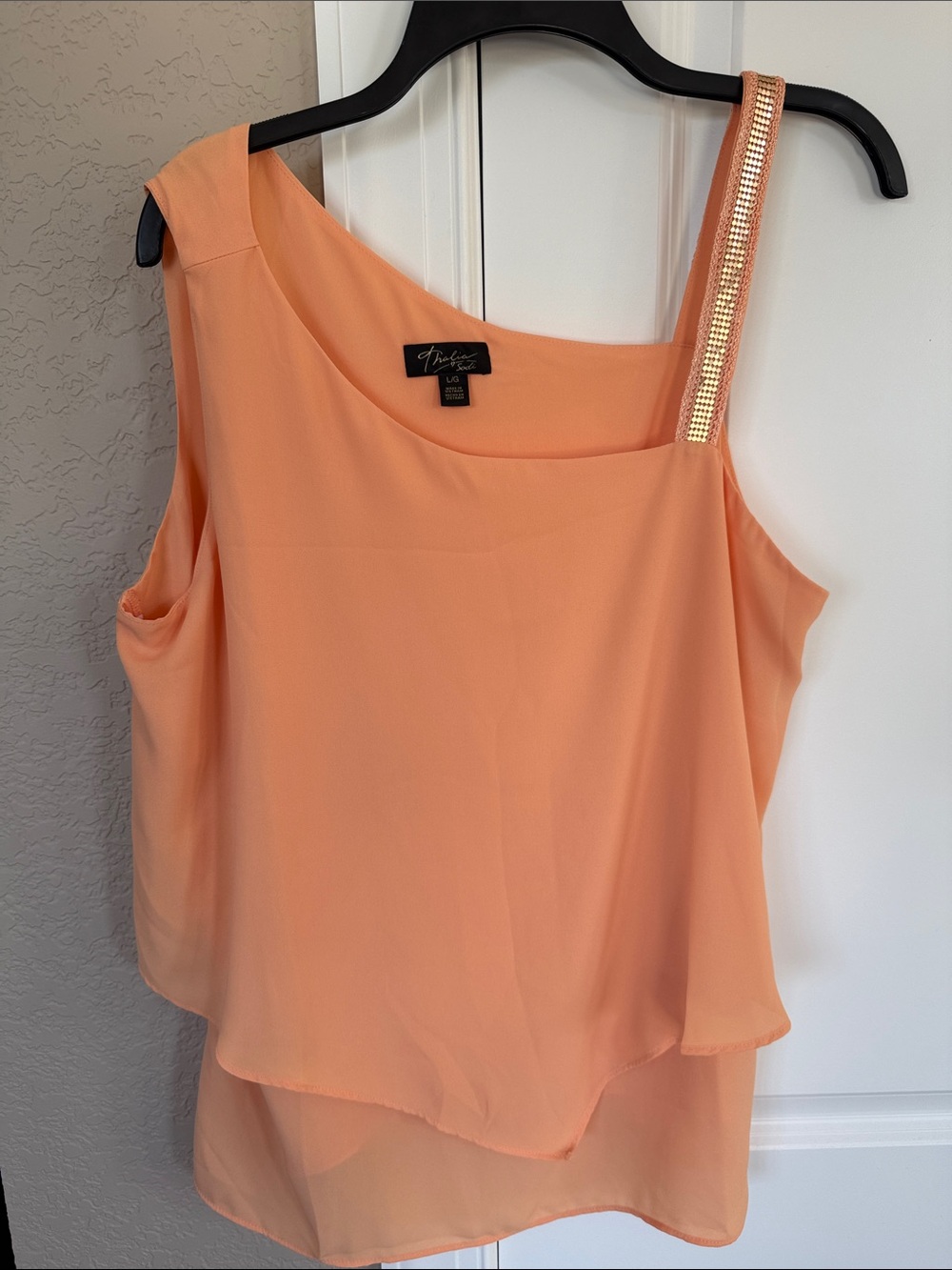 Thalia Sodi Peach One-Shoulder Blouse with Gold Sequin Strap